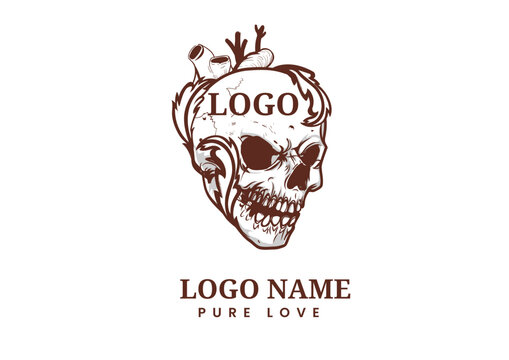 Vector skull with heart and leaves