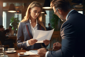 Business woman and man lawyer attorney showing document to man client providing advisory services, professionals discussing tax papers working in office at meeting. Legal consultancy concept.