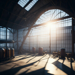 Old Beer Or Wiskey Brewery Factory, Large Metal Hangar Interior, Windows With Sun Rays, Dust, Generative AI