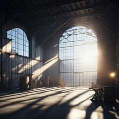 Old Beer Or Wiskey Brewery Factory, Large Metal Hangar Interior, Windows With Sun Rays, Dust, Generative AI