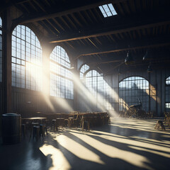 Old Beer Or Wiskey Brewery Factory, Large Metal Hangar Interior, Windows With Sun Rays, Dust, Generative AI