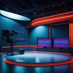 TV or Cable New Live Studio Set Interior, Empty  News Or Show Setup,  Round With Futuristic Elements and Spot Lights, Led Strips And Monitors, Generative Ai