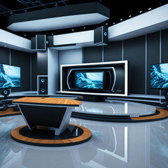 TV or Cable New Live Studio Set Interior, Empty  News Or Show Setup,  Round With Futuristic Elements and Spot Lights, Led Strips And Monitors, Generative Ai