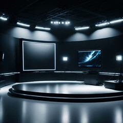 TV or Cable New Live Studio Set Interior, Empty  News Or Show Setup,  Round With Futuristic Elements and Spot Lights, Led Strips And Monitors, Generative Ai