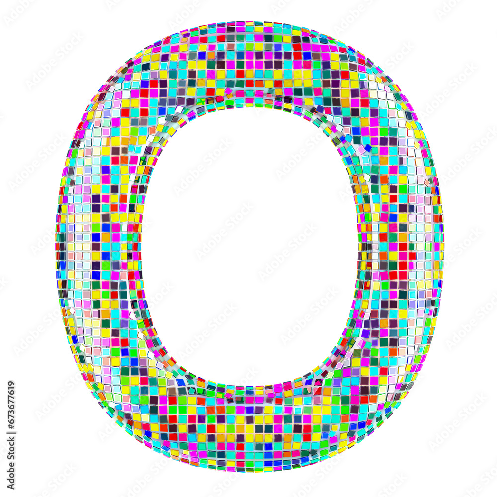 Poster mosaic font, letter o from vivid mosaic pieces. 3d rendering isolated on transparent background