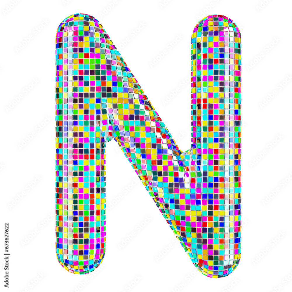 Poster mosaic font, letter n from vivid mosaic pieces. 3d rendering isolated on transparent background