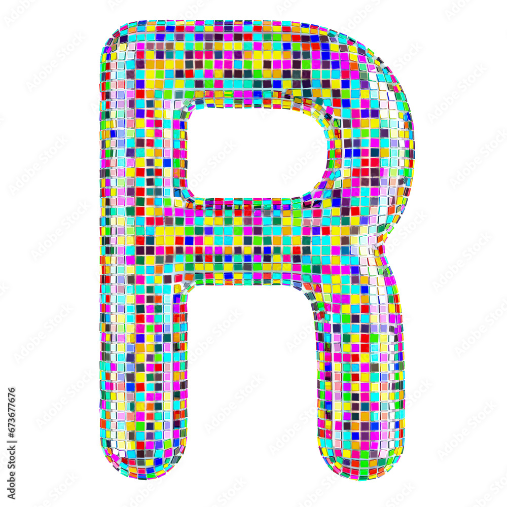 Poster mosaic font, letter r from vivid mosaic pieces. 3d rendering isolated on transparent background