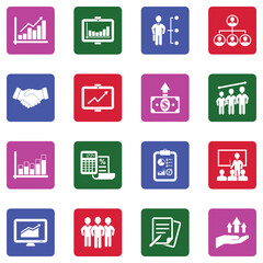 Business Growth Icons. White Flat Design In Square. Vector Illustration.