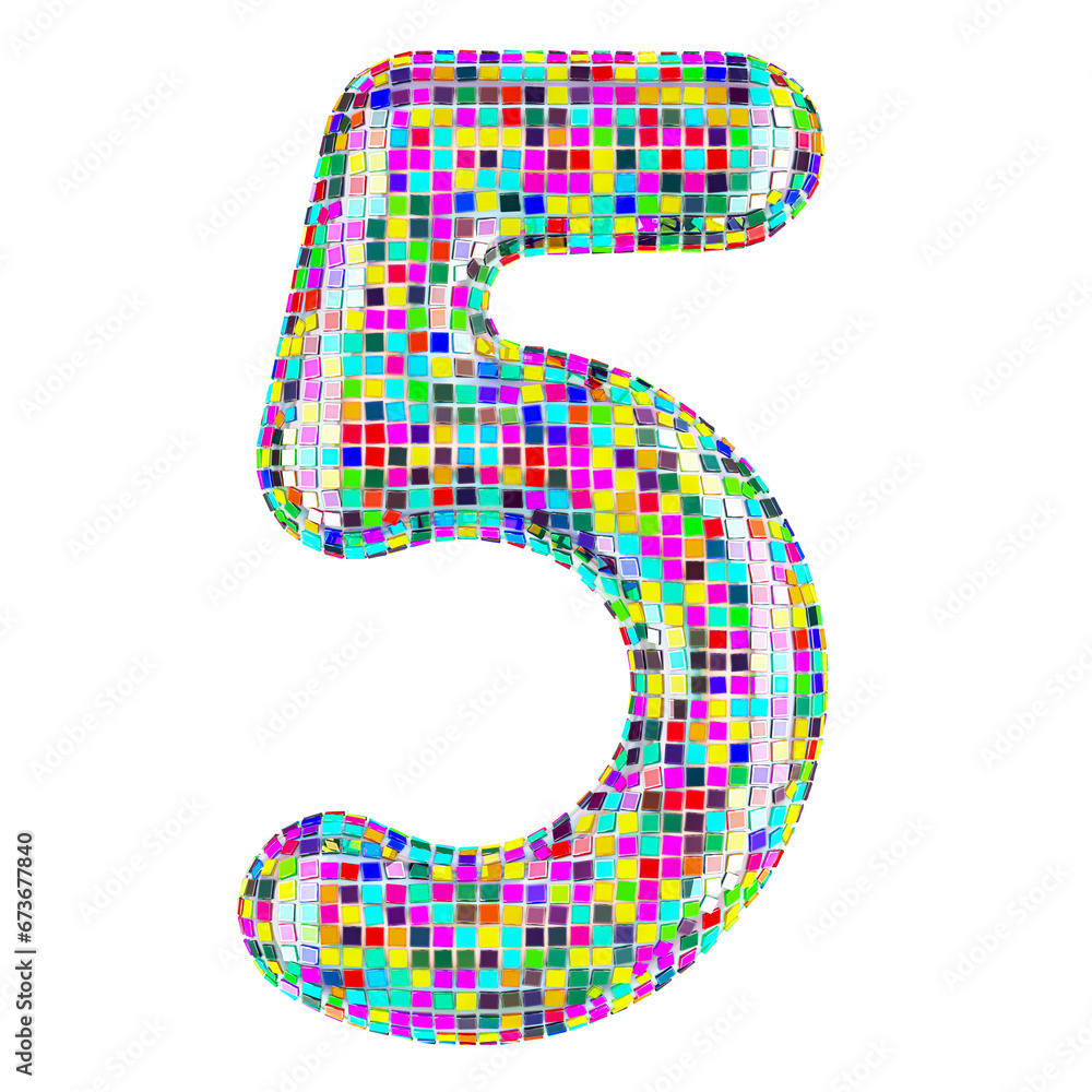 Poster mosaic font, number 5 from vivid mosaic pieces. 3d rendering isolated on transparent background