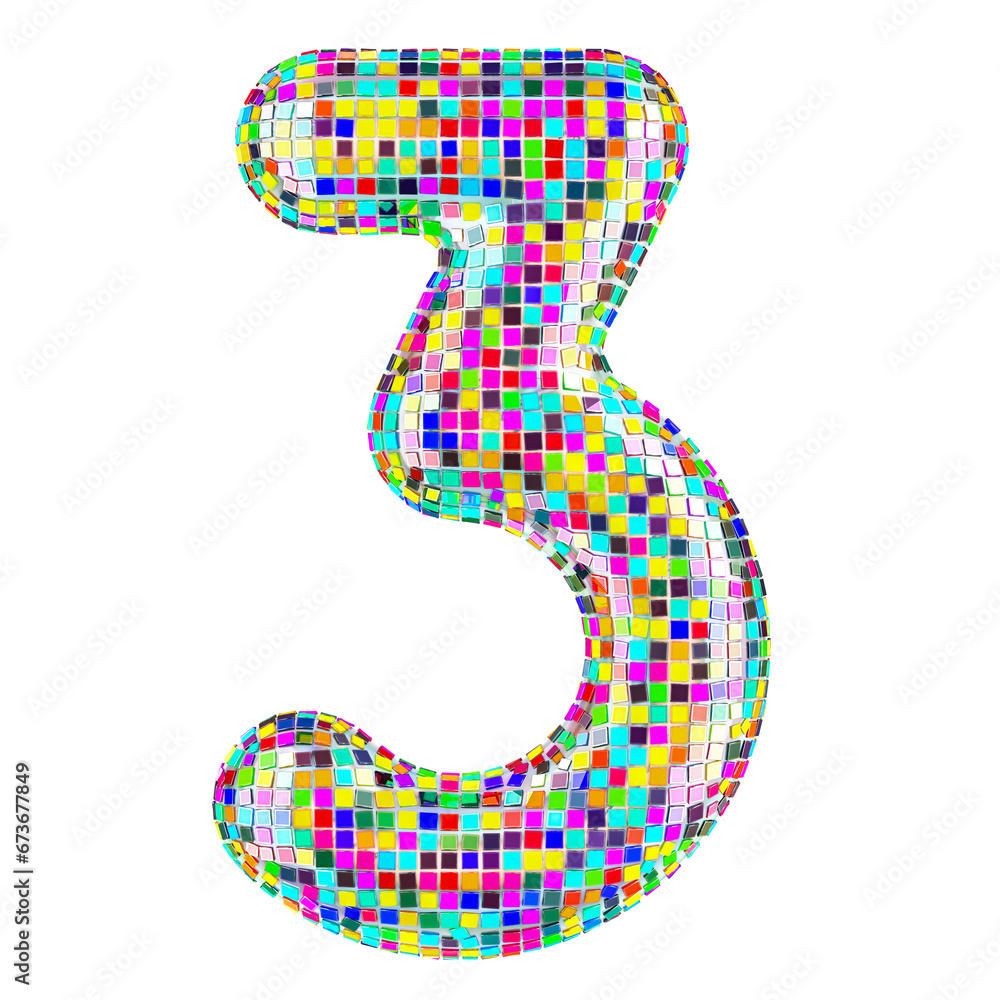 Poster mosaic font, number 3 from vivid mosaic pieces. 3d rendering isolated on transparent background