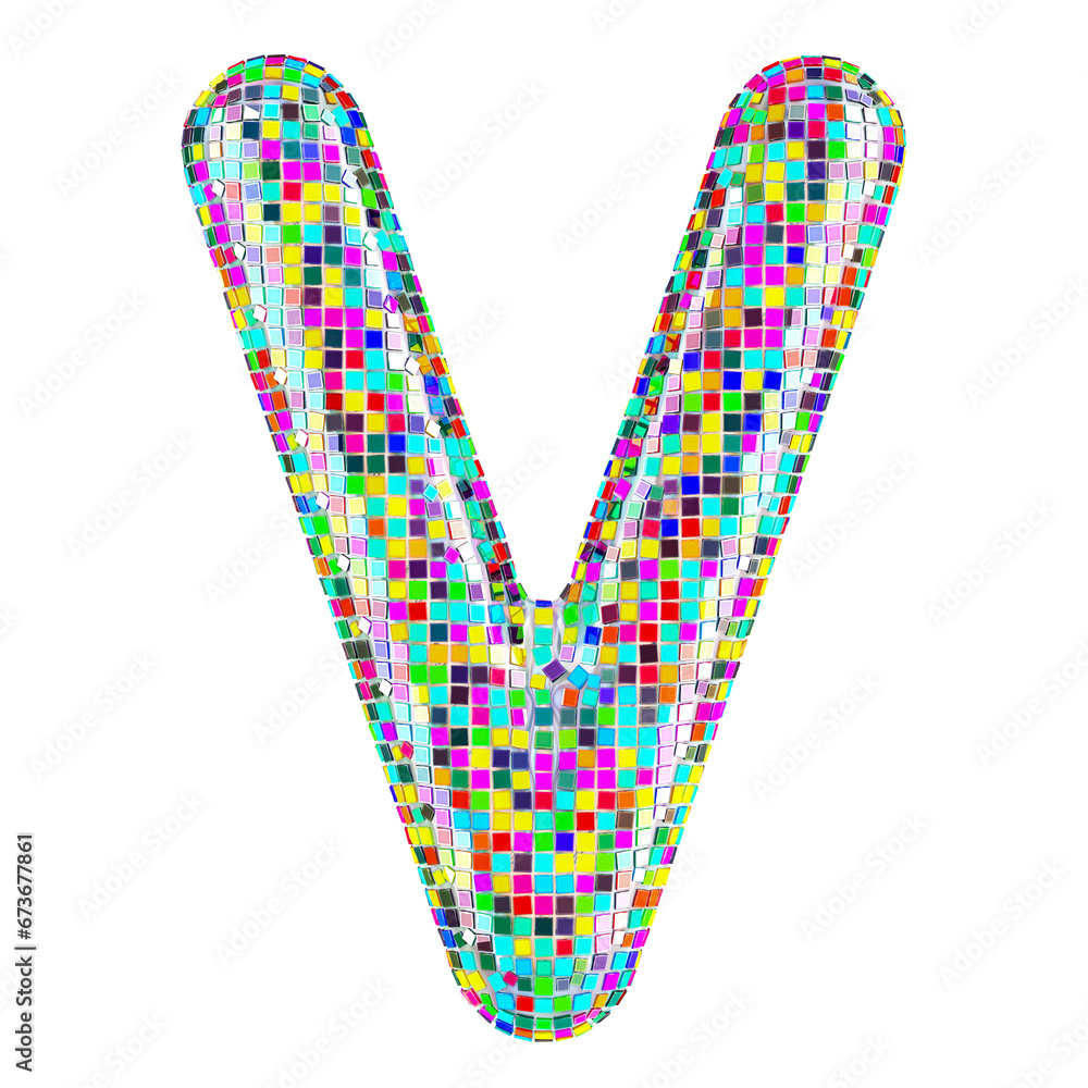 Poster mosaic font, letter v from vivid mosaic pieces. 3d rendering isolated on transparent background