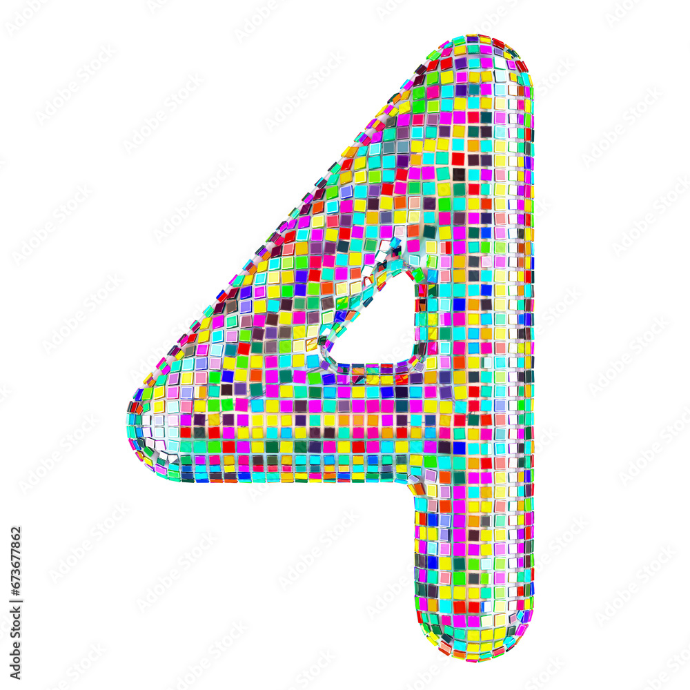 Poster mosaic font, number 4 from vivid mosaic pieces. 3d rendering isolated on transparent background