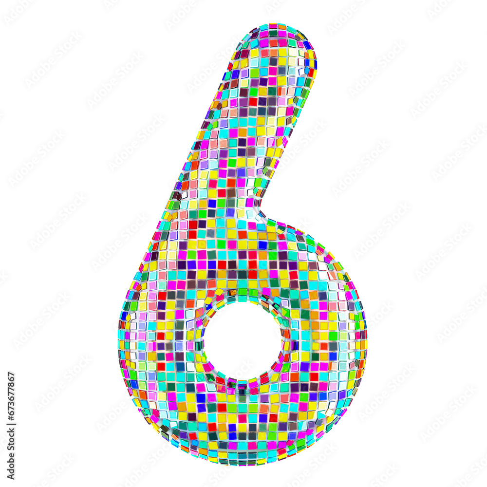 Poster mosaic font, number 6 from vivid mosaic pieces. 3d rendering isolated on transparent background