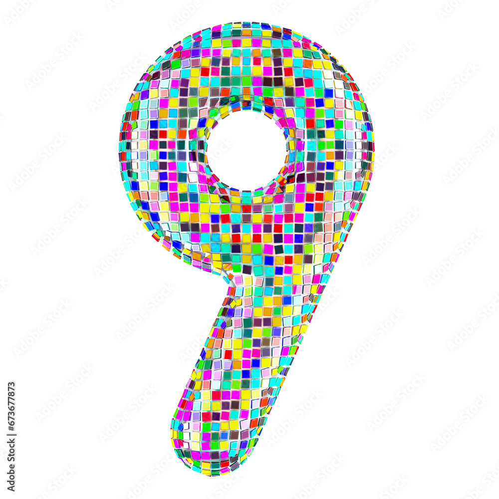 Aufkleber mosaic font, number 9 from vivid mosaic pieces. 3d rendering isolated on transparent background