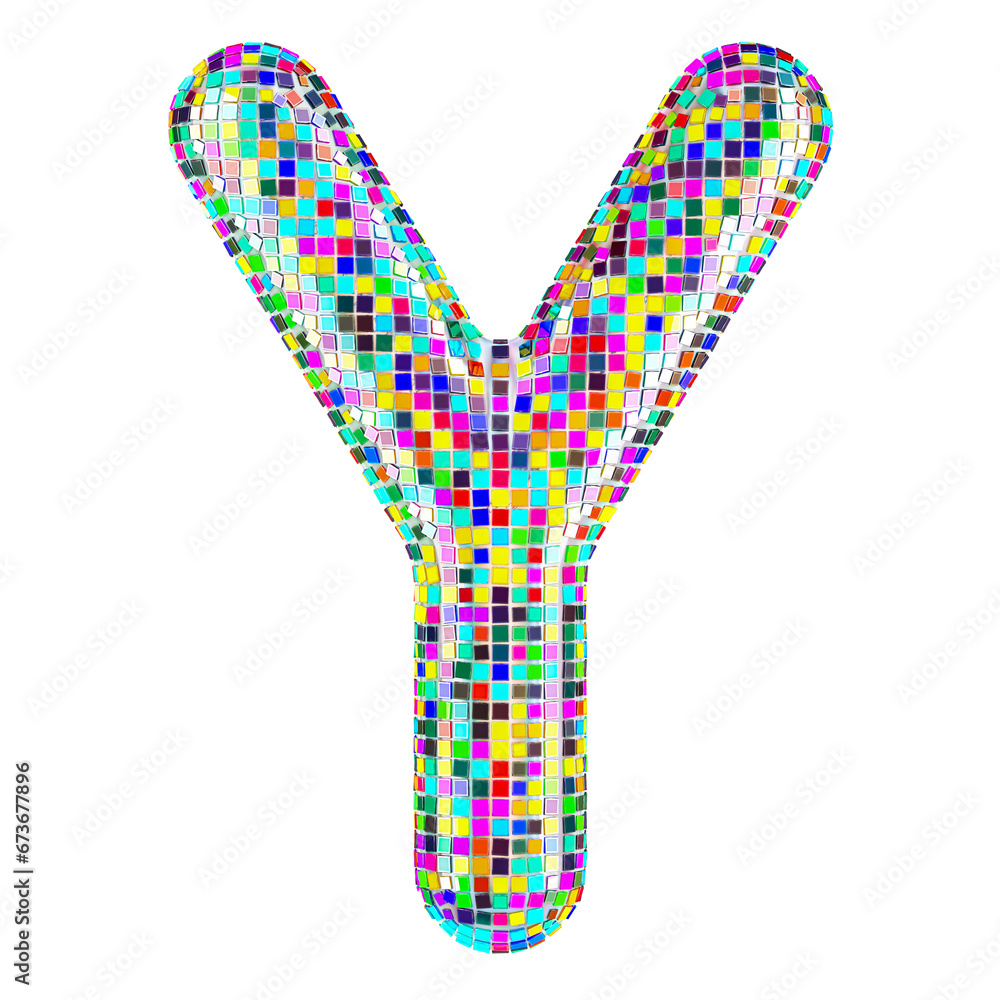 Poster mosaic font, letter y from vivid mosaic pieces. 3d rendering isolated on transparent background