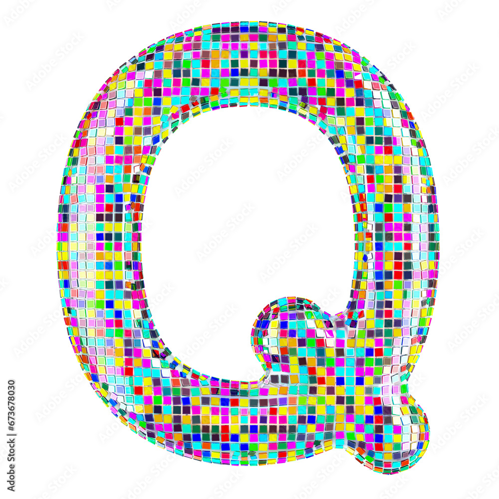 Poster mosaic font, letter q from vivid mosaic pieces. 3d rendering isolated on transparent background