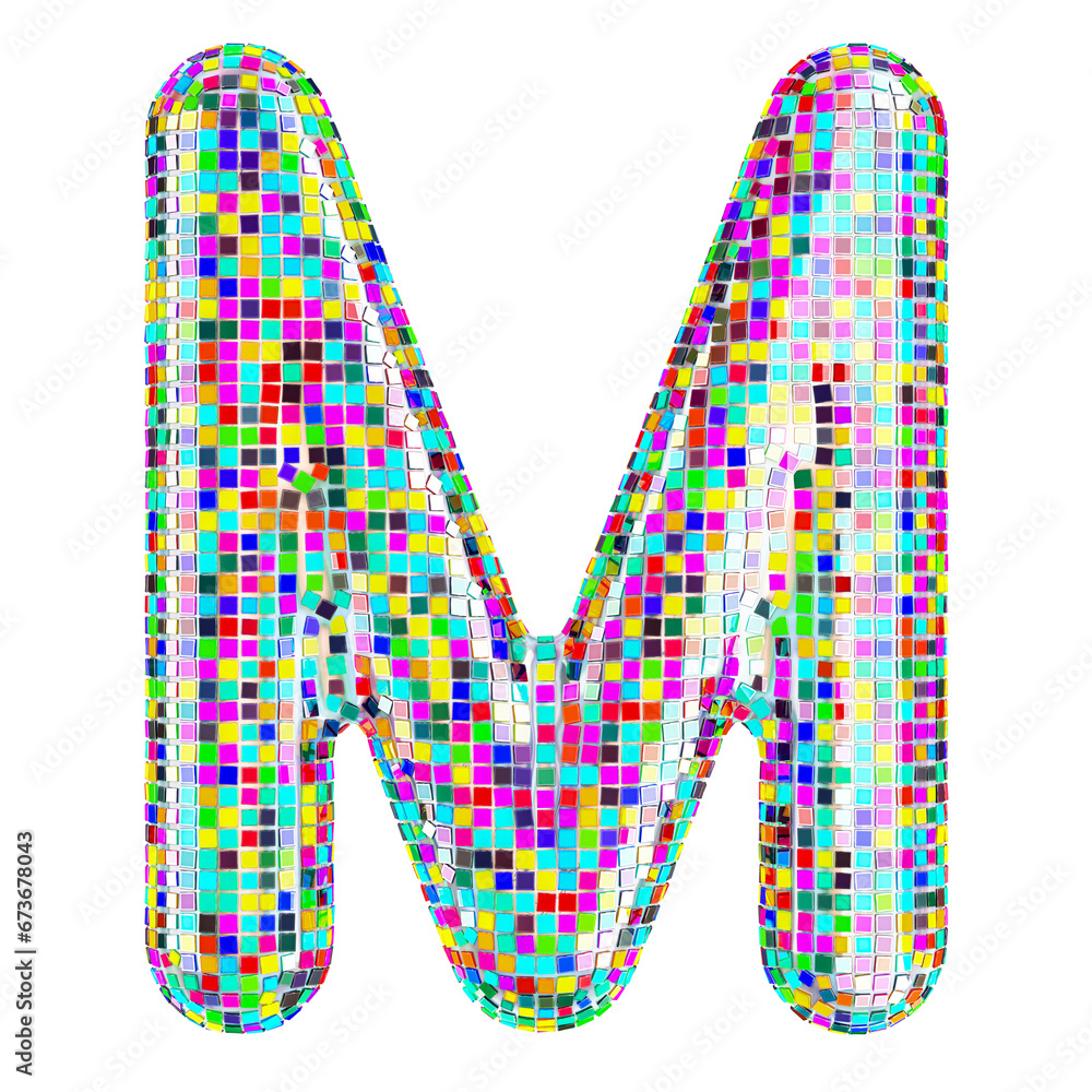 Poster mosaic font, letter m from vivid mosaic pieces. 3d rendering isolated on transparent background
