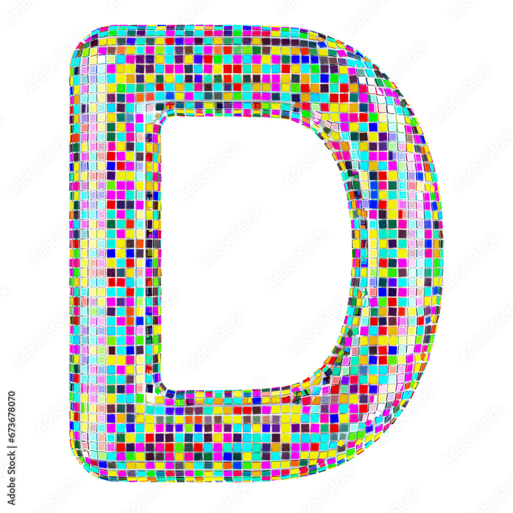 Poster mosaic font, letter d from vivid mosaic pieces. 3d rendering isolated on transparent background