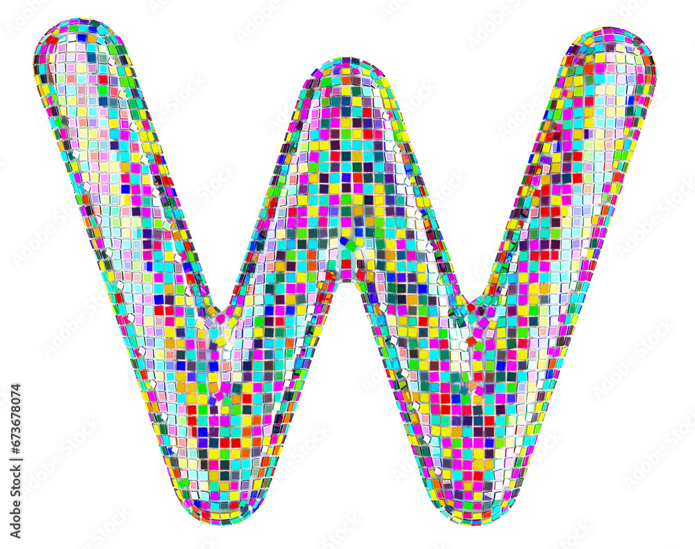 Poster mosaic font, letter w from vivid mosaic pieces. 3d rendering isolated on transparent background