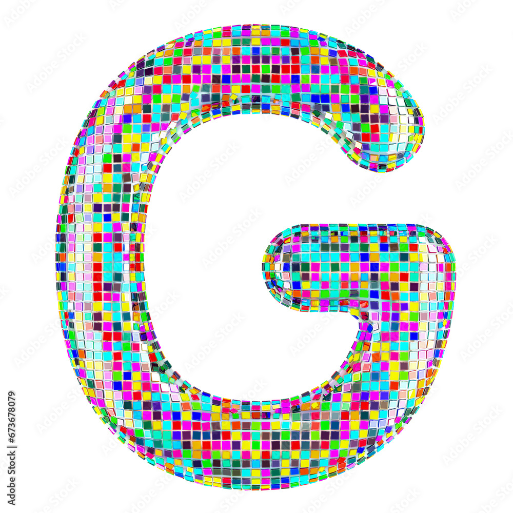 Poster mosaic font, letter g from vivid mosaic pieces. 3d rendering isolated on transparent background