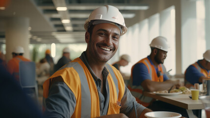 Happy construction worker dining in site cafeteria - obrazy, fototapety, plakaty
