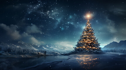 Christmas tree in winter landscape with snow and starry sky.