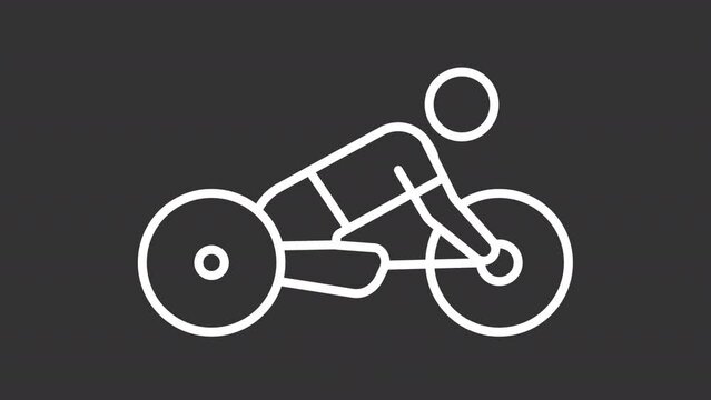 2D white simple thin line animation of wheelchair racing, HD video with transparent background, seamless loop 4K video representing paralympic games.