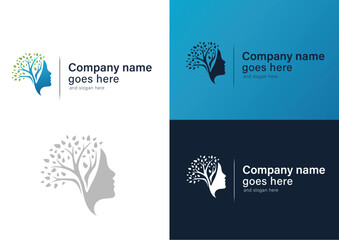 Vector human face with a tree growing logo design concept