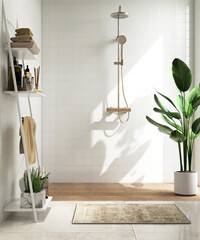 Shower enclosure in bathroom with modern shelf with decorative item ,rain shower, green tropical banana tree in sunlight in white square tile wall for interior design decoration, product background 3D