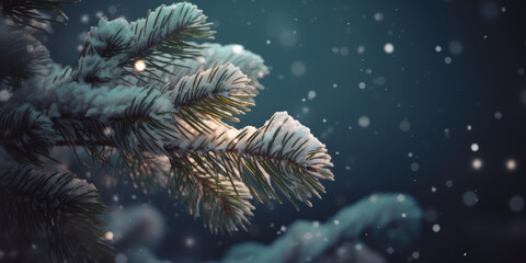 Fototapeta na wymiar Christmas tree branches in snow at night. Snowy Fir Tree Branches. Beautiful Background for Christmas, XMas or New Year Greeting card, banner, postcard or invitation design