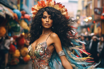 Beautiful exotic woman dancing on the streets during carnival. - obrazy, fototapety, plakaty