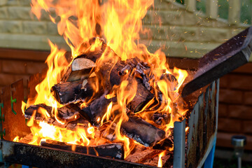 Rozpalanie grilla ogrodowego za pomocą suchego drewna opałowego, ognisko w palenisku  - obrazy, fototapety, plakaty