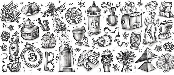 New Year themed lucky charms hand drawn line drawing illustration on white background