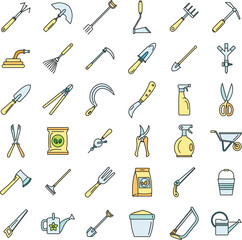 Farm gardening tools icon set. Outline set of farm gardening tools vector icons thin line color flat on white