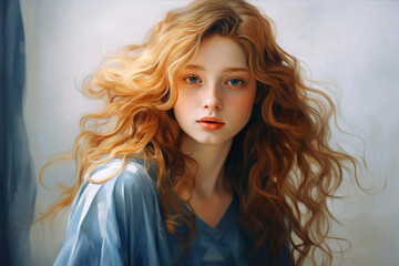 Fototapeta premium Portrait of a beautiful red-haired girl with long curly hair