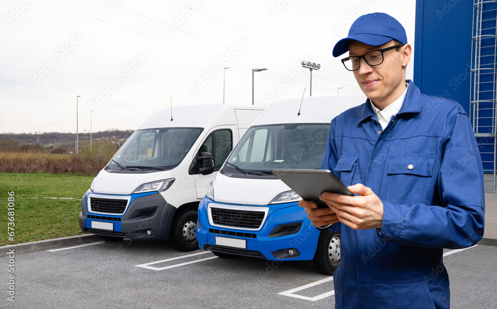 Poster manager with a digital tablet on the background of vans. fleet management