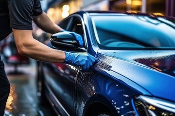 A man cleaning car with microfiber cloth, car detailing (or valeting) concept. Car wash background.