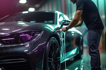 A man cleaning car with microfiber cloth, car detailing (or valeting) concept. Car wash background. - obrazy, fototapety, plakaty