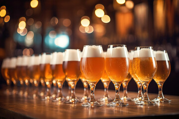 A lot of glasses of chilled different sort of beer on table and blurred bar background. - obrazy, fototapety, plakaty