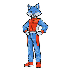 Mascot Cartoon Illustration of Anthropomorphic Wolf Wearing a Multicolor Racing outfit