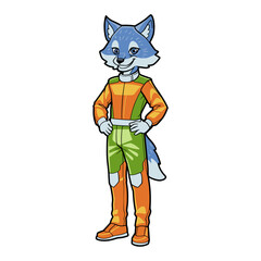 Cartoon Illustration of Anthropomorphic Wolf Wearing a Multicolor Racing outfit