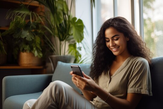happy young woman with smartphone at home in the living room