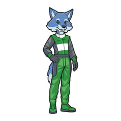 Cartoon Illustration of Anthropomorphic Wolf Wearing a Multicolor Racing outfit