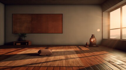 Wooden room with wooden floor. AI generated art illustration.