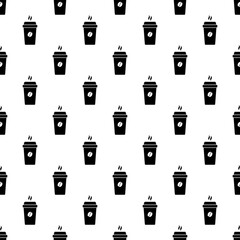 Paper cup with coffee bean for take away. Coffee icon texture. Seamless pattern on white background.