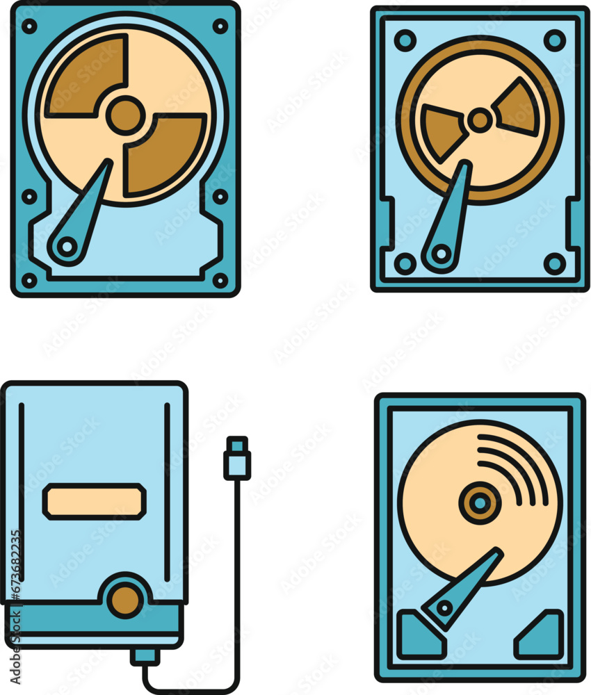 Poster compact hard disk icons set. outline set of compact hard disk vector icons thin line color flat on w