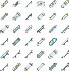 Skateboard equipment icons set. Outline set of skateboard equipment vector icons thin line color flat on white