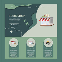 Book shop flat landing page website template. Pizzeria, flower shop, sushi market. Web banner with header, content and footer. Vector illustration.