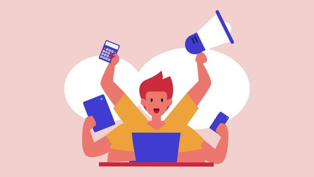 Multi-talented businessman with many hands holding various assigned tasks or jobs vector animation cartoon