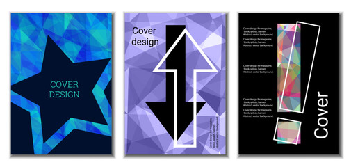 Cover design. Set of 3 covers. Imitation of crumpled paper. Unusual bright abstract background for magazine, book, splash, banner, vector. Imitation of crumpled paper